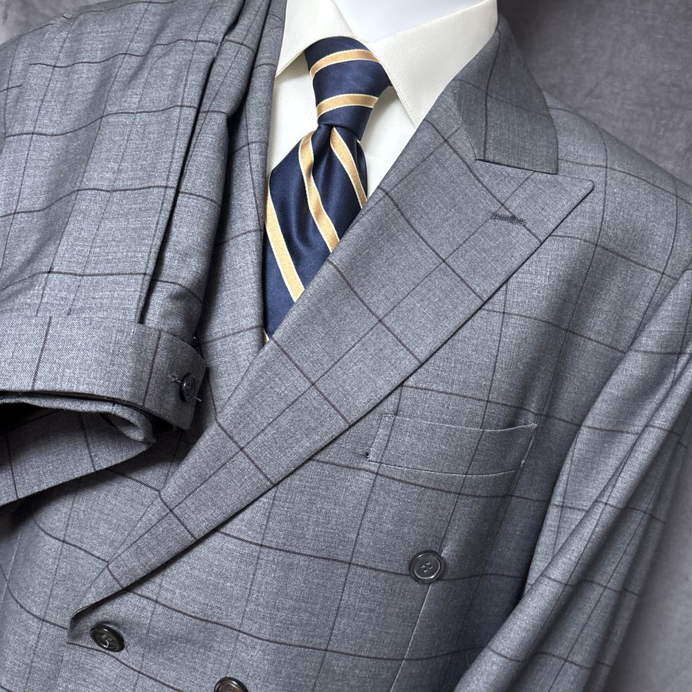NEW Rossi Man Suit 44R 38W Gray Windowpane Wool Double Breasted Arthur Pleated